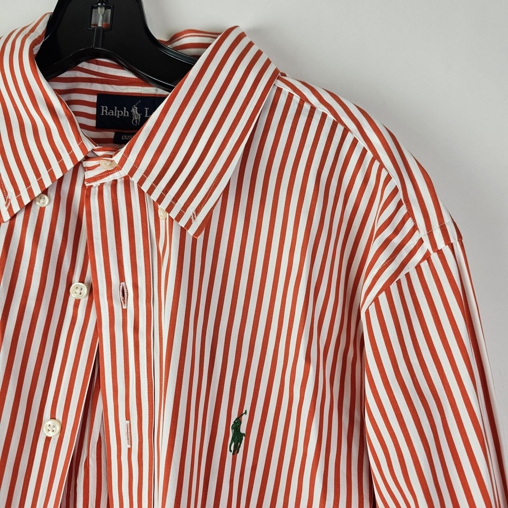 Ralph‎ Lauren Orange Striped Long Sleeve Dress Shirt XL Custom Fit Green Pony - Picture 7 of 8